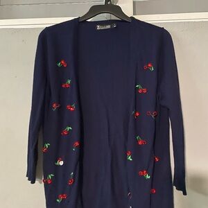 New York and Co. Cherry Embroidered Navy Sweater
